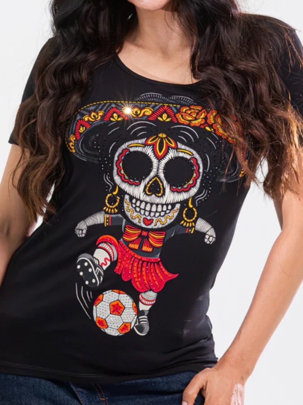 Black Sugar Skull Soccer Graphic Tee - Women's Short Sleeve